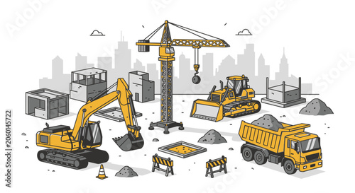 Vector illustration of construction site with heavy machinery and urban skyline