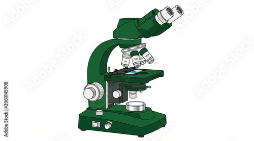 Green laboratory microscope with multiple objective lenses and a slide on the stage