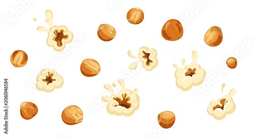 Collection of cartoon popcorn kernels and fluffy popped corn pieces isolated on white background for snack food design