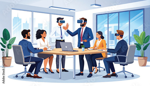 Business people wearing virtual reality goggles.