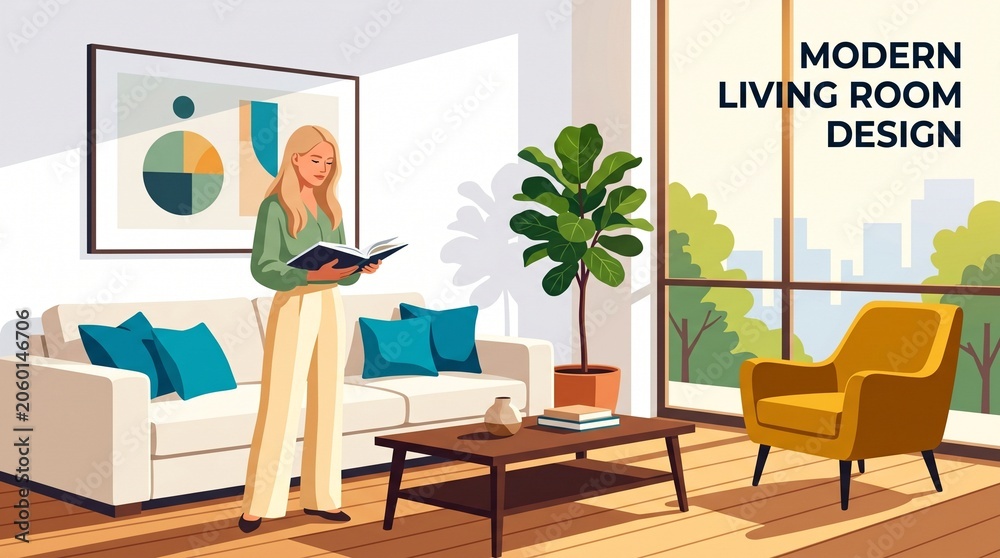 Fototapeta premium Modern living room design with a woman reading a book and a yellow armchair