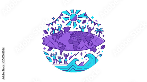 Photography Planet Earth surfing on surfboard with people celebrating, summer vacation conce