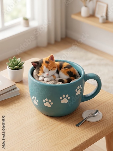 Calico kitten sleeping mug cat day adorable pet domestic comfort cozy home 3D Illustration