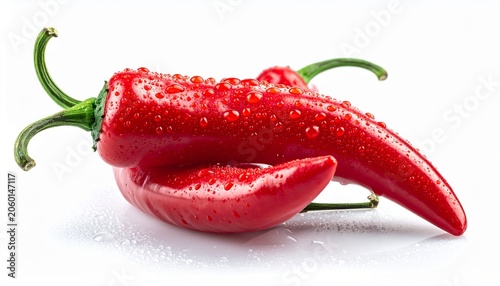 Vibrant Red Chili Peppers with Water Droplets on a White Background.