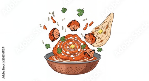 Hand Drawn Illustration of Traditional Indian Butter Chicken with Flying Naan Bread and Spices in a Copper Bowl