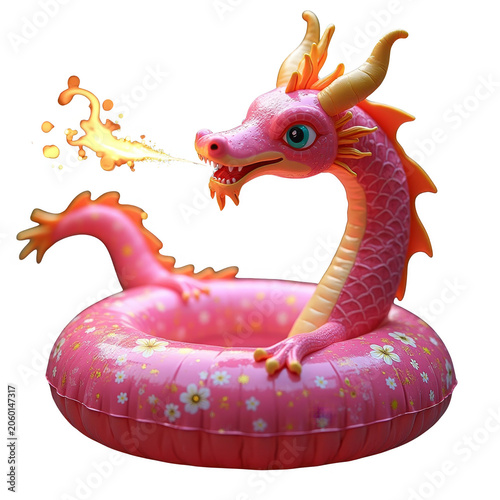 Pink Dragon Inflatable Pool Float with Fire Breath, Isolated on Transparent Background
