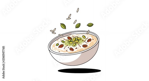 Sweet Traditional Indian Rice Pudding Kheer or Vermicelli Payasam with Saffron Almonds and Pistachios in a Bowl