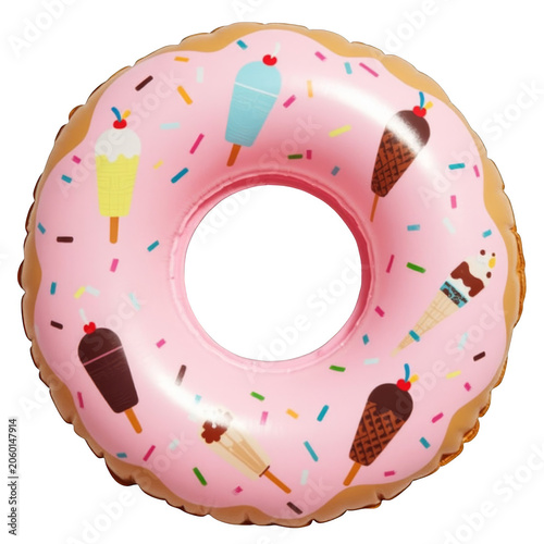 Cute Pink Donut Inflatable Pool Float with Ice Cream Prints Isolated on Transparent Background
