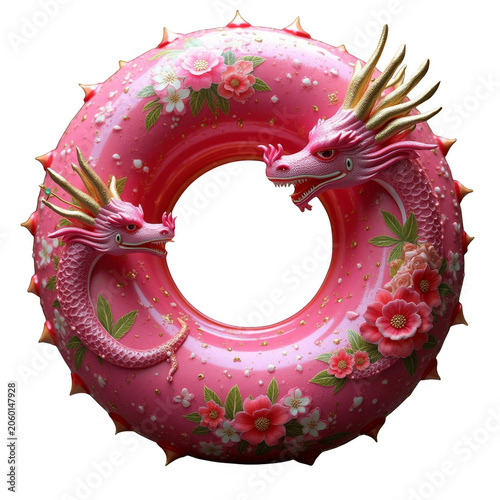 Pink Double Dragon Inflatable Pool Float Ring with Flowers, Isolated on Transparent Background