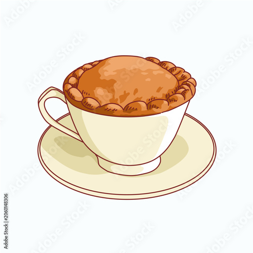 a cup of pie in a saucer on a white background. Simple illutration of tableware