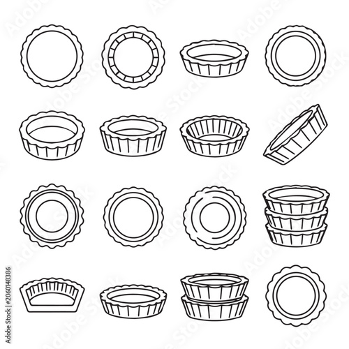 Various empty fluted tart shells shown from different angles in a clean white background line drawing style