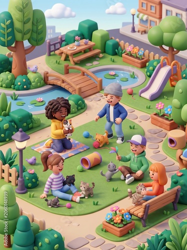 Cat Day people kittens playing together in a beautiful outdoor city park scene 3D Illustration