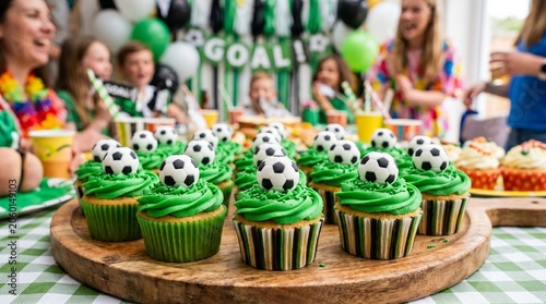 Soccer themed birthday party with cupcakes and happy guests