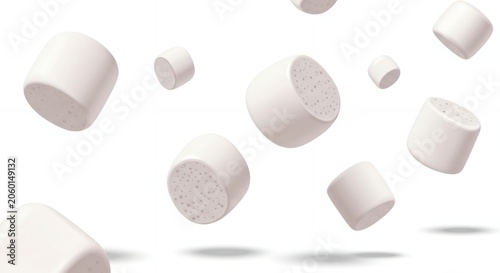 Multiple soft white marshmallows falling or flying through the air on a plain background for sweet dessert concepts.