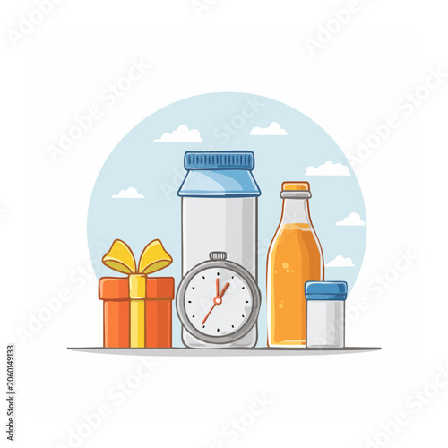 Flat design illustration of gift box stopwatch and bottles