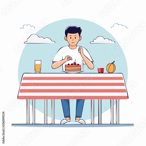 Man eating cake at a table with juice and fruit