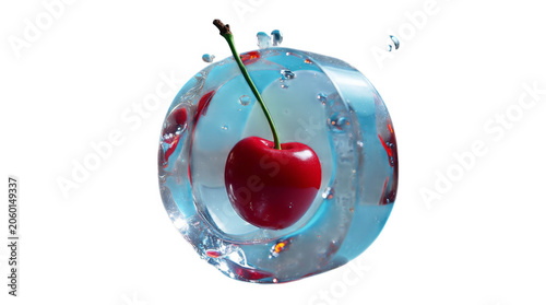 Fresh Red Cherry Frozen Inside Clear Ice Sphere Isolated on Transparent Background