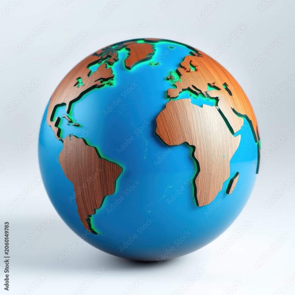 Fototapeta premium Stylized globe illustration. Blue oceans contrast wood continents. Bright, clean aesthetic. Minimalist design, global representation.