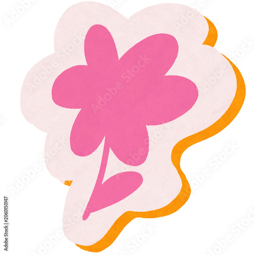 Cute pink flower sticker with orange shadow illustration for kids design and decorative element isolated