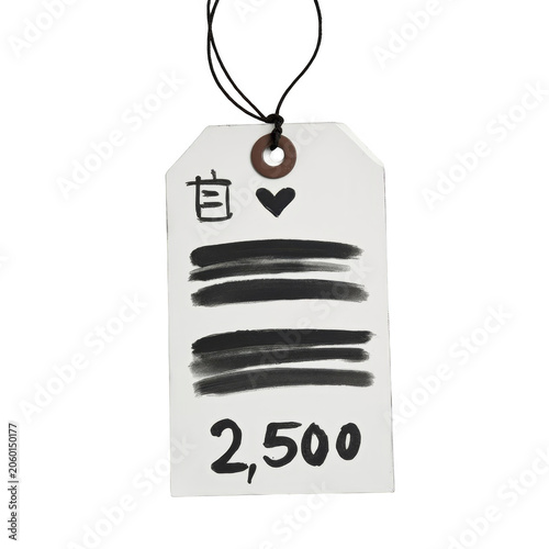 White Price Tag with Black String, Japanese Character and 2500 Isolated on Transparent Background
