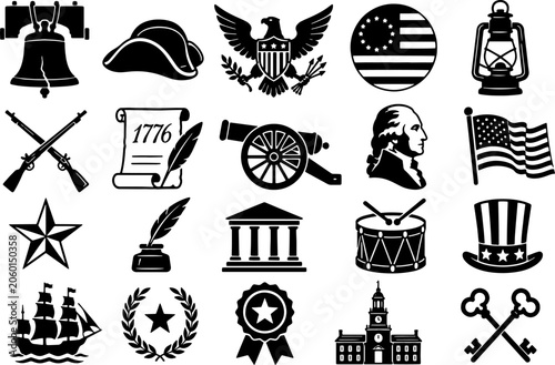 American revolution icons collection, liberty bell, eagle, george washington