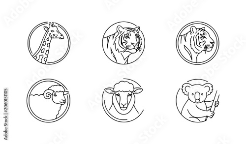 Canvas Print Minimal Animal Outline Icon Collection Featuring Giraffe Tiger Sheep and Koala V