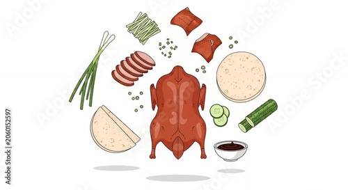 Delicious Chinese Roast Peking Duck Vector Set with Sliced Meat Pancakes Cucumber Scallions and Savory Sauce