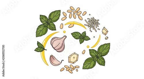 Hand Drawn Pesto Sauce Ingredients Set with Fresh Basil Garlic Pine Nuts Parmesan Cheese and Olive Oil on White