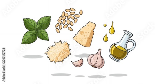 Cartoon Style Fresh Pesto Ingredients Set Featuring Basil Garlic Parmesan Cheese Pine Nuts and Olive Oil Illustration