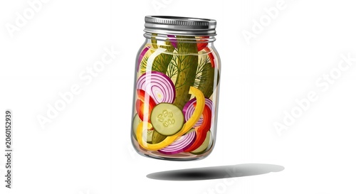 Colorful glass mason jar filled with pickled cucumbers red onions and peppers isolated on white background illustration
