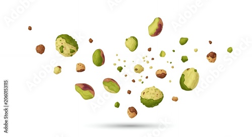 Fresh Pistachio Kernels and Nut Pieces Flying in the Air Isolated on White Background for Healthy Food Design Concepts