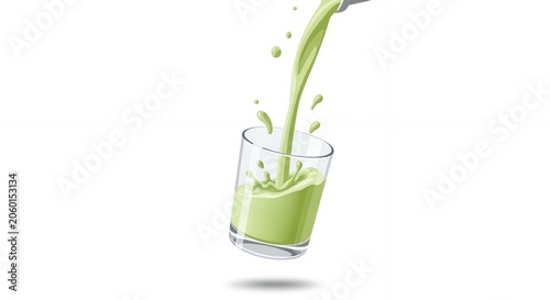 Fresh green smoothie pouring into glass with liquid splash, healthy organic vegetable juice or matcha latte vector.