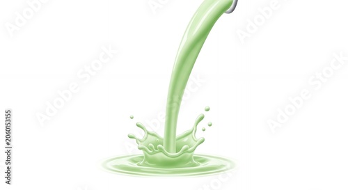 Green Milk Splash and Pouring Liquid Motion for Matcha Pistachio Mint Smoothie Design Isolated on White Background