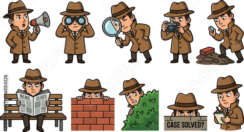Cartoon Detective Character Mascot Pose Set with Investigator Spying Peeking Reading Newspaper and Hunting for Clues Vector Illustration