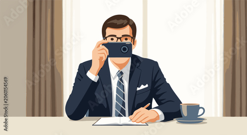 A man in a suit taking a photo while writing