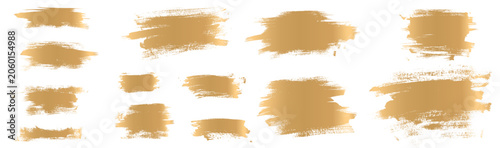 Gold brush stroke background. Golden paint lines, foil texture, luxury frames, underline marks. Abstract Japanese calligraphy effect, splash stain, metallic scratch pattern. Elegant vector ribbon tags