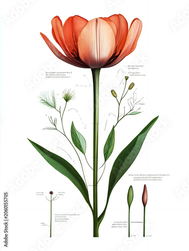 Detailed botanical illustration of a tulip plant's full anatomy, from roots and stem to a vibrant orange flower and developing buds, with scientific diagrams