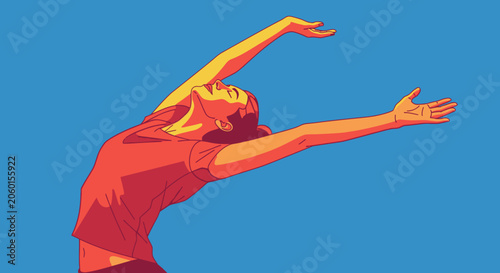 Stylized human figure reaching upward in dynamic motion against a blue background