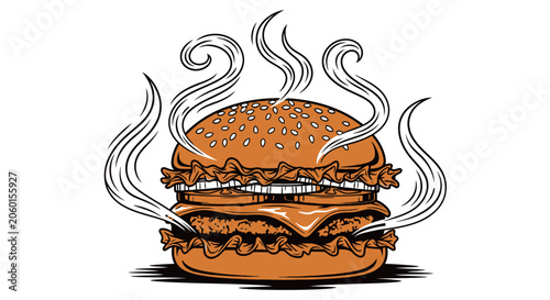 Steaming hot hamburger illustration with smoke rising from juicy burger layers