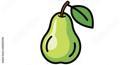 Vibrant green pear illustration with leaf on a white background