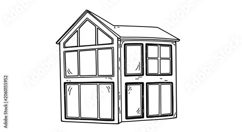 Two story house with multiple windows in simple architectural line drawing