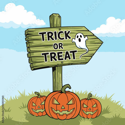 Wooden signboard trick or treat message with carved pumpkins and ghost illustration