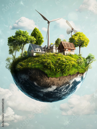 Digital art of a vibrant miniature planet featuring green homes with solar panels and wind turbines, symbolizing sustainable energy