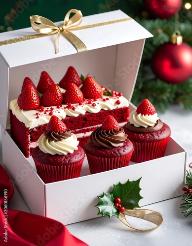 Festive Red Velvet Cake and Cupcake Displayed in White Gift Box with Holiday Decor