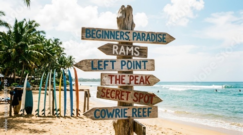 Wooden signpost on a tropical beach with multiple directions for surf spots