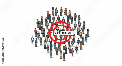 A large group of people surrounds a target with the words 'TARGET AUDIENCE'