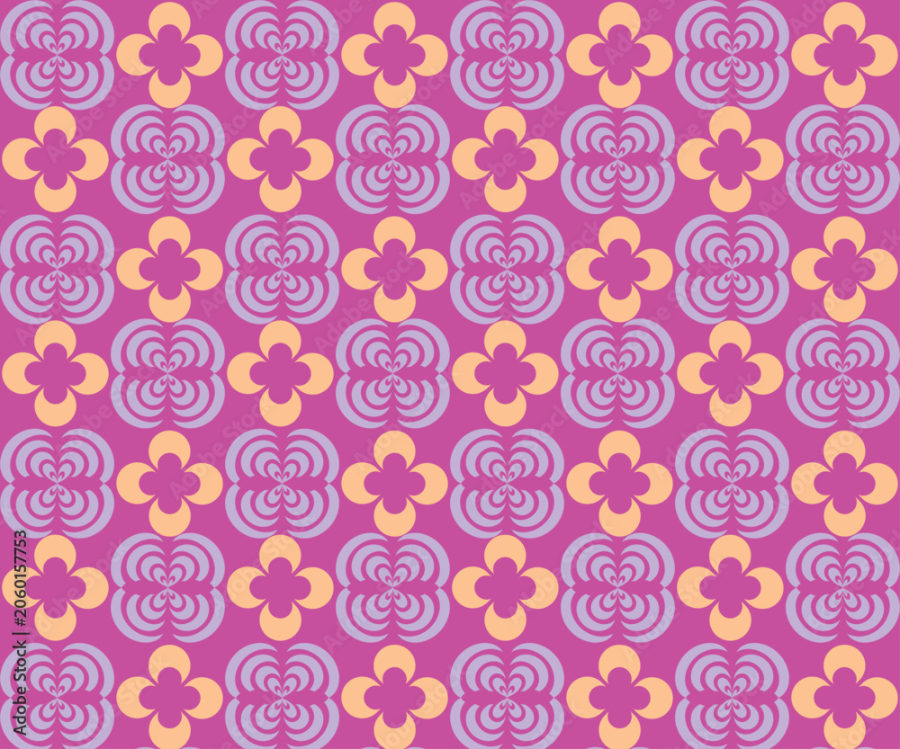 Fototapeta premium A vibrant and playful seamless digital illustration showcasing a repeating pattern of stylized quatrefoil floral motifs in pink and soft orange. The rich purple background provides a bold contrast