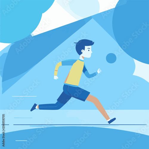 A man in a yellow shirt and blue shorts runs against a stylized blue background