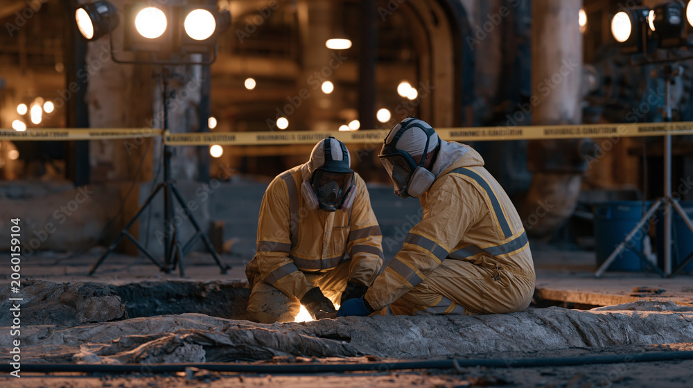 Fototapeta premium Coal plant decommissioning crew in protective respirators removing asbestos lagging from aging steam pipes inside a shuttered boiler room, industrial lighting on stands