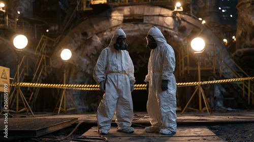 Coal plant decommissioning crew in protective respirators removing asbestos lagging from aging steam pipes inside a shuttered boiler room, industrial lighting on stands
